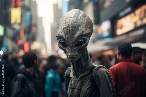 photo capturing an alien figure discreetly blending into a bustling cityscape, with curious onlookers unaware of the extraterrestrial presence