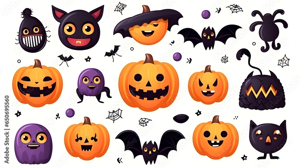 Halloween pumpkins isolated icons or stickers illustrations set