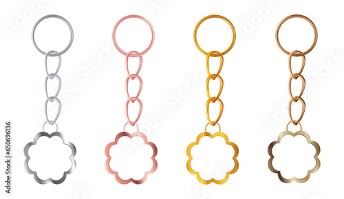 A set of copper or bronze, gold or brass, silver or steel, pink gold keychains in the shape of a flower. Metal key holders isolated on white background. Realistic vector illustration.