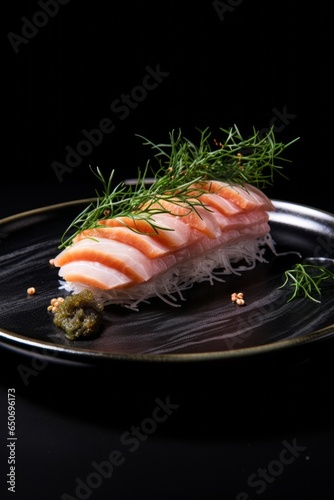 Sashimi, with layers of fish, radish sprouts and shiso leaves, served on a beautiful ceramic dish against a black matte background