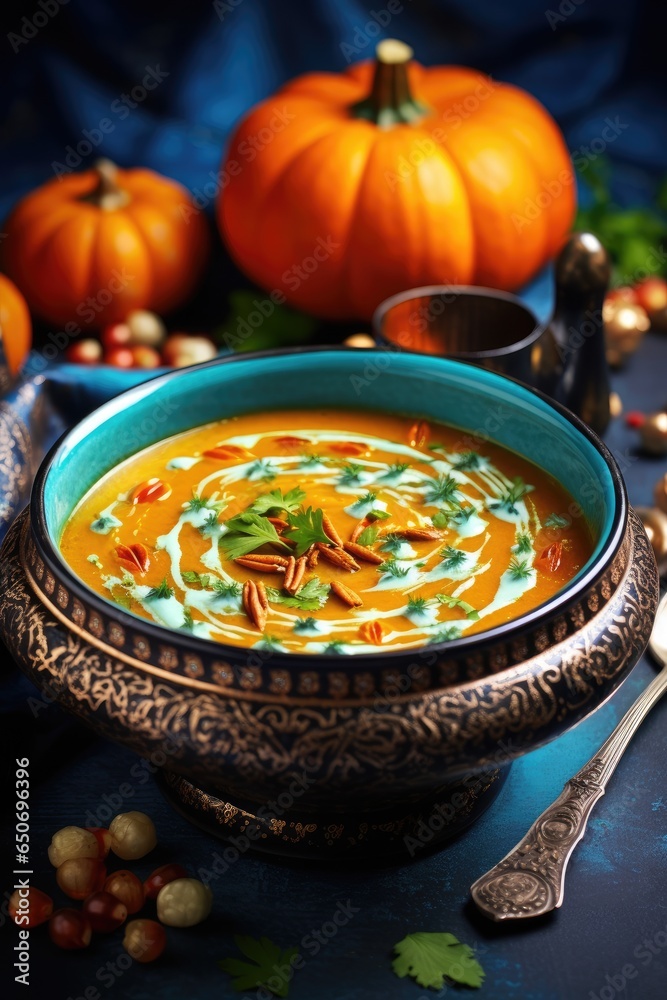 Pumpkin and carrot traditional cream soup with cream, seeds and micro greens on dark blue background. Vegetarian diet autumn food. Fall and winter healthy slow food concept. Top view with copy space Pumpkin and carrot traditional cream soup with cream, seeds and micro greens on dark blue background. Vegetarian diet autumn food. Fall and winter healthy slow food concept. Top view with copy space