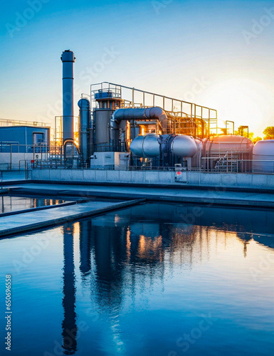 A modern petrochemical plant with intricate piping systems, distillation towers, and tanks, producing various chemical compounds