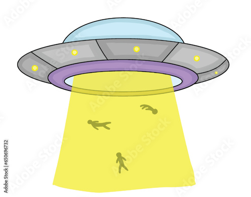 This picture is an illustration of an alien UFO that draws humans into it. There is a yellow light coming out of the ufo which makes people unconscious or hypnotic