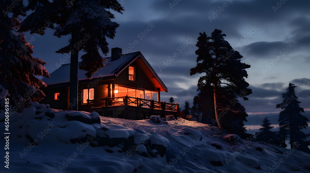 Winter Cabin at Twilight, winter snow