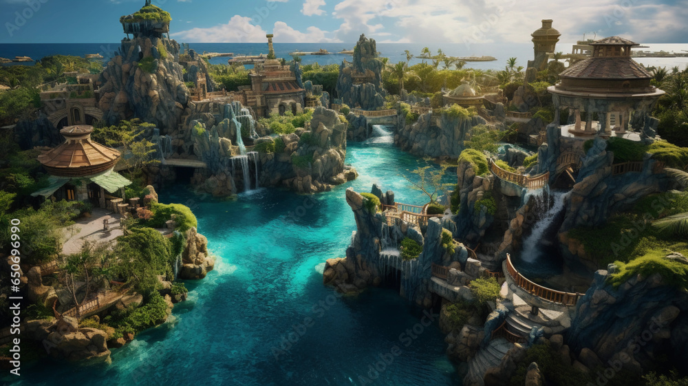 an enchanting photo showcasing the Enchanted Atlantis Gardens from above, with floating islands adorned with cascading waterfalls and lush greenery,