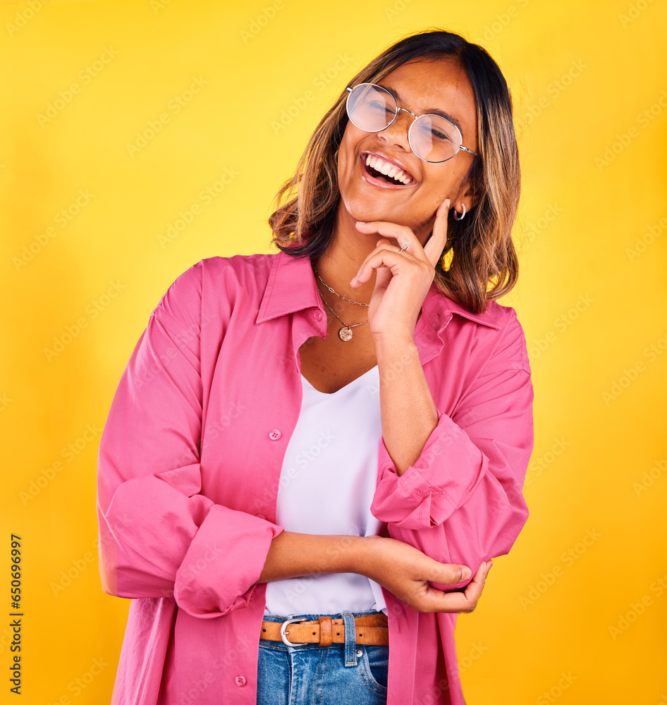 Φωτογραφία Happy, laugh and face of woman on yellow background with smile, laughter and cheerful