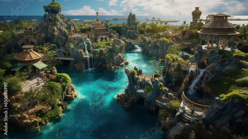 Fényképezés an enchanting photo showcasing the Enchanted Atlantis Gardens from above, with f