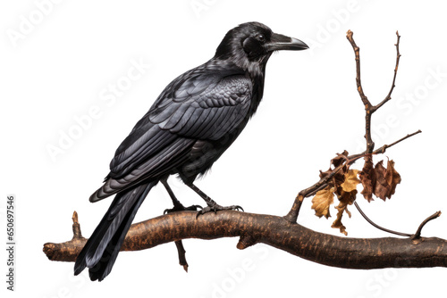 raven sitting on a branch, png file of isolated cutout object on transparent background.