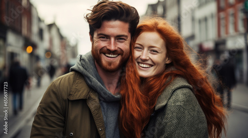 Hip Ireland couple gazing on city street.