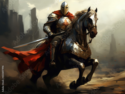 Knight in armor on horseback. Digital art.