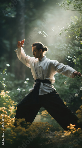 Intense martial arts training in the tranquil morning forest light.