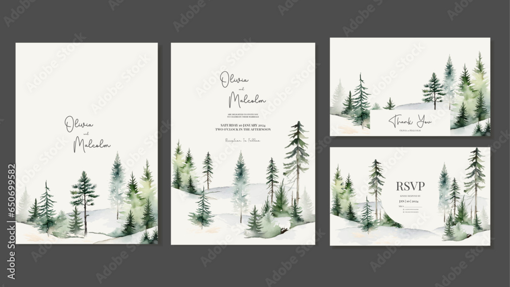 Templates with Forest Background, Spruce and Pine Trees in Watercolour Style. Vector