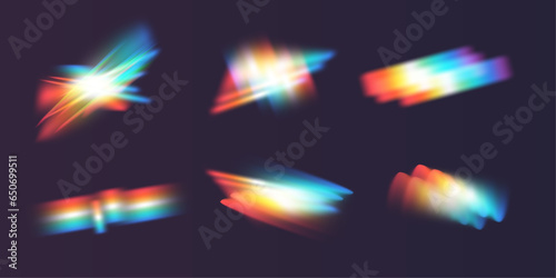 Rainbow glare reflection effect, set of vector glowing sparkles. Crystal reflections of a diamond. Optical rainbow lights, glare, leaks, overlap. Glare with transparent effects.
Crystal, prism.