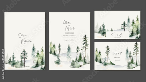 Templates with Forest Background, Spruce and Pine Trees in Watercolour Style. Vector
