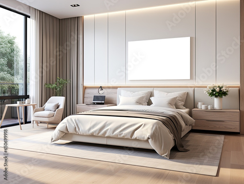Interior design modern minimal bedroom, interior luxury style, resort or hotel, interior design minimal style, three-dimensional, mockup, generative ai. © Sitti