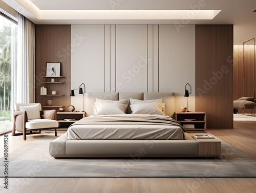 Interior design modern minimal bedroom, interior luxury style, resort or hotel, interior design minimal style, three-dimensional, generative ai. © Sitti