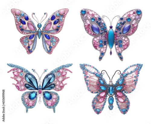 Set of gem encrusted butterfly jewelry in pink, blue and silver colors. Transparent background.