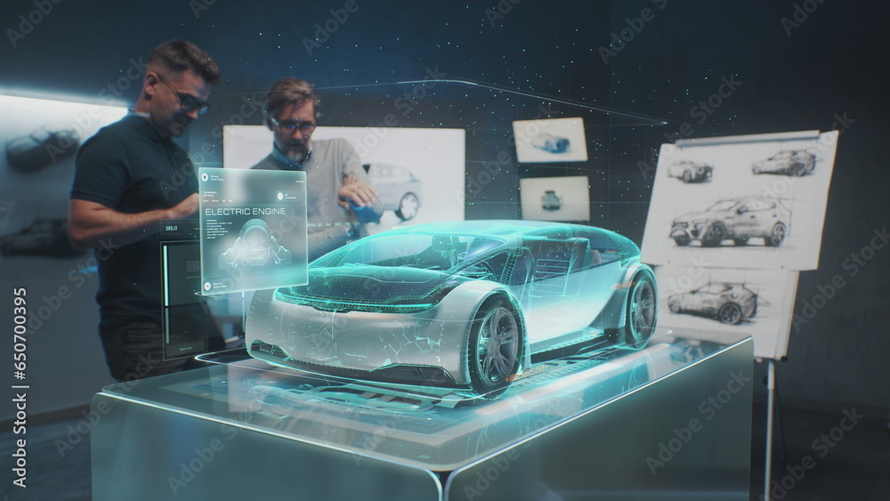 Two professional automotive engineers choose body of new eco-friendly electric car using futuristic augmented reality hologram. 3D computer graphics of vehicle high-tech developing. VFX animation. - obrazy, fototapety, plakaty 