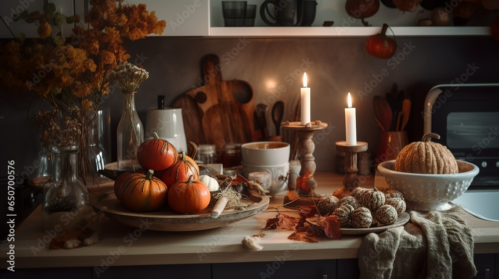 Vintage and boho style interior of a kitchen with pumpkins and candles 
