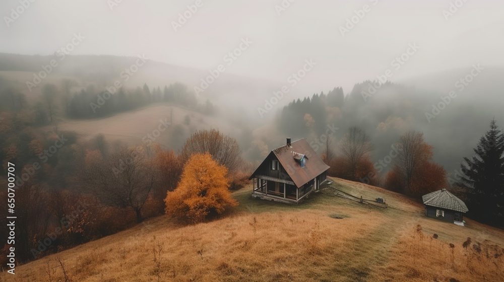 Fall vibe landscape with wooden cottage houses and foggy weather 