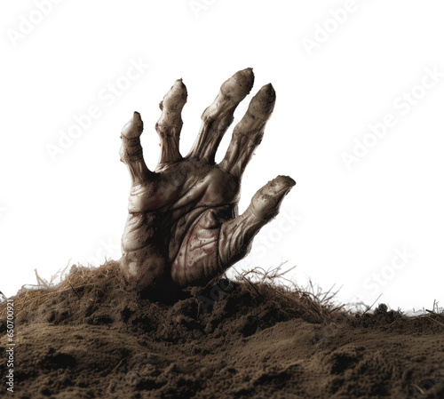 undead zombie stuck his hand out of the ground, png file of isolated cutout object with shadow on transparent background.