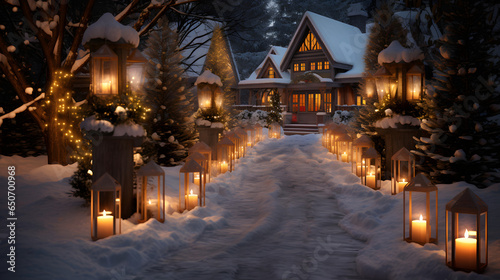 Serene winter night illuminated by christmas season luminaries lining a snowy pathway in a small winter town © JJ1990