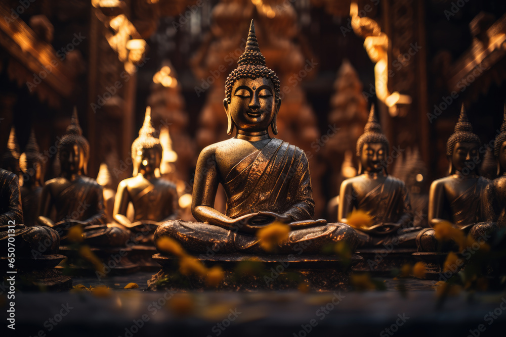 A row of golden buddhist statues, traditional buddhist architecture, ai generated.

