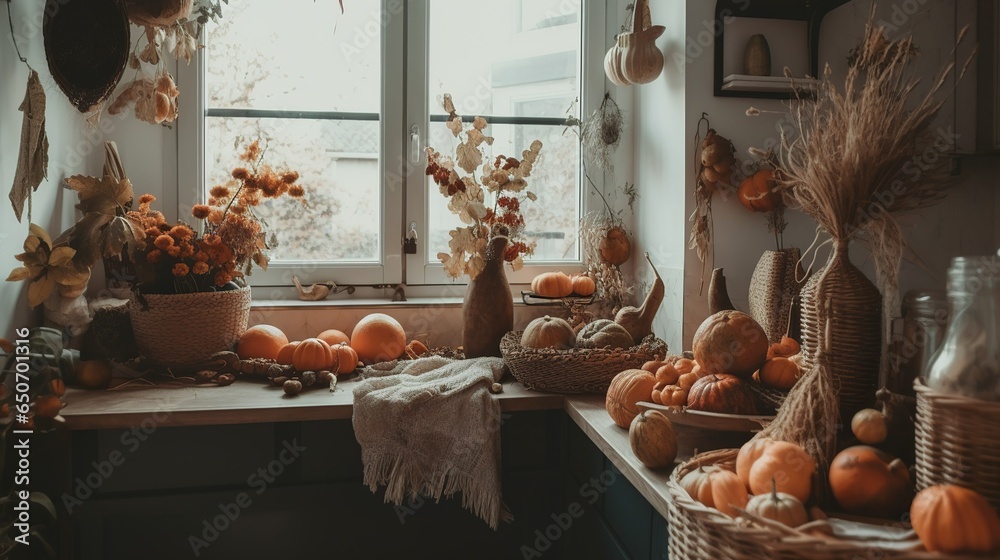 Cozy and boho kitchen interior decor with pumpkins