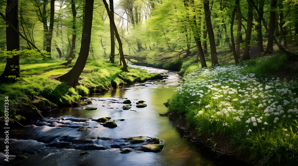 Tranquil forest scene with a gentle stream running through it surrounded by blossoming trees in springtime Tranquil forest scene with a gentle stream running through it surrounded by blossoming trees in springtime
