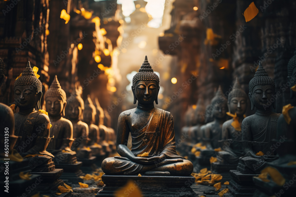 A row of golden buddhist statues, traditional buddhist architecture, ai generated.

