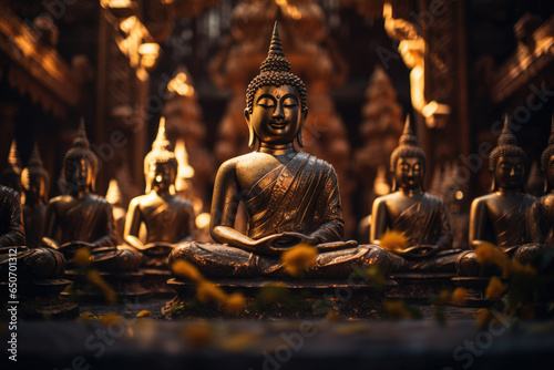 A row of golden buddhist statues, traditional buddhist architecture, ai generated.