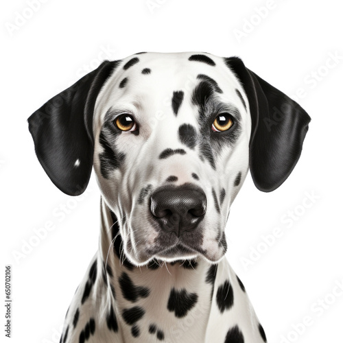 Portrait of Dalmatian dog looking at camera, front view isolated on white background
