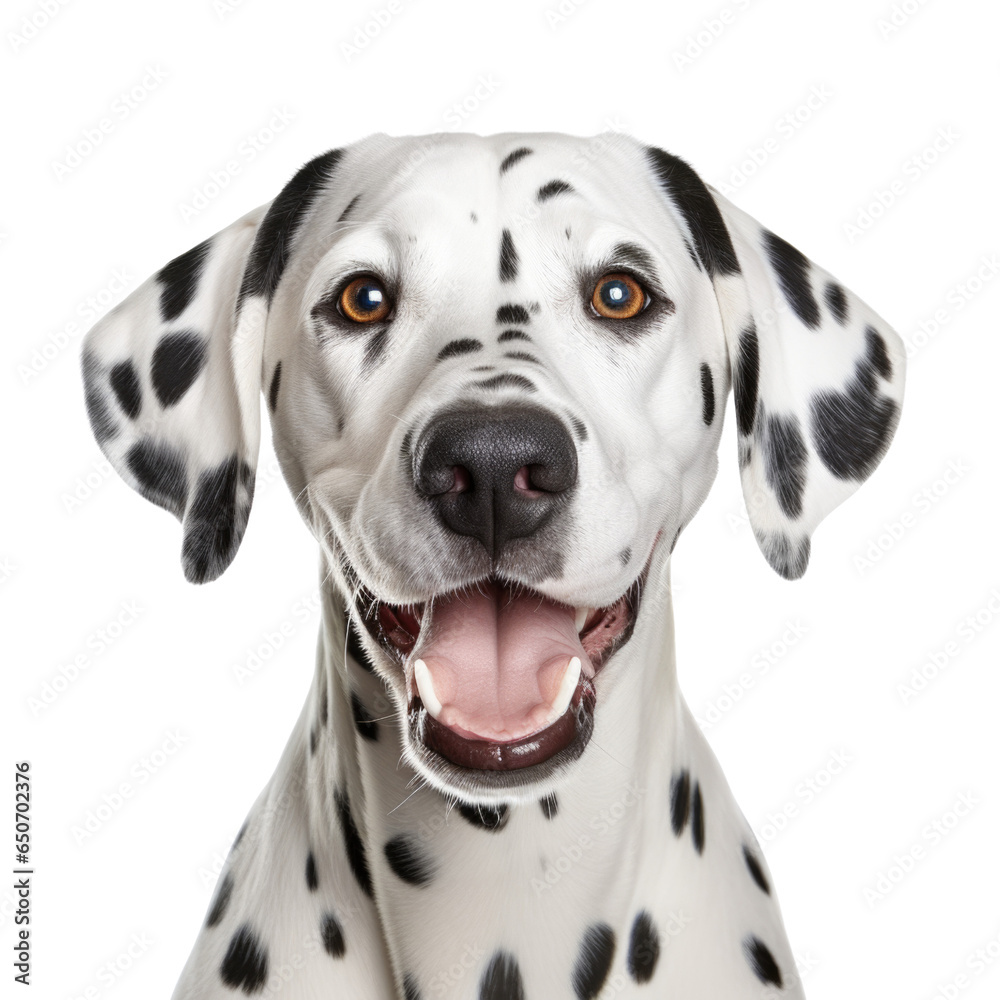 Portrait of Dalmatian dog, happy and looking at camera, front view isolated on white background