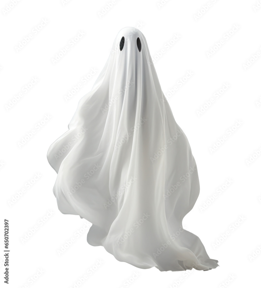 flying halloween ghost in a white sheet, png file of isolated cutout object on transparent background. - obrazy, fototapety, plakaty 