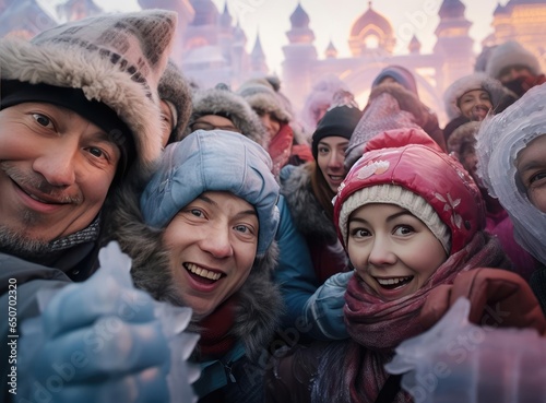 A group of people against the backdrop of the ice sculpture festival