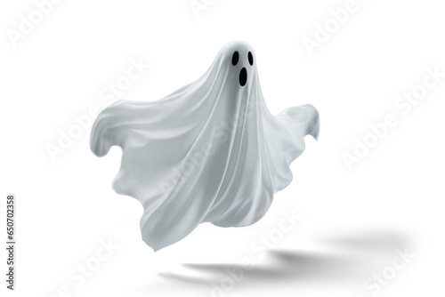 flying halloween ghost in a white sheet, png file of isolated cutout object with shadow on transparent background.