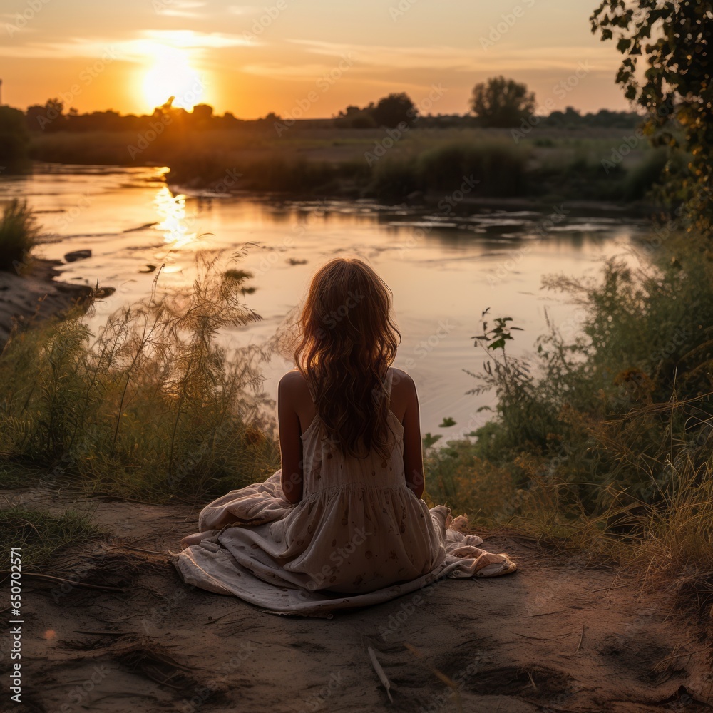 Girl admiring sunset by riverbank