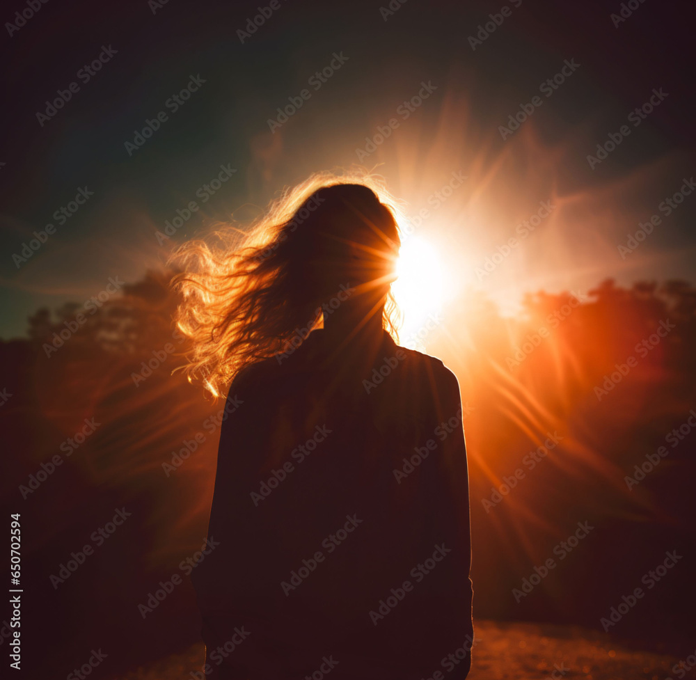 Silhouette of woman standing in field facing the sun Silhouette of woman standing in field facing the sun