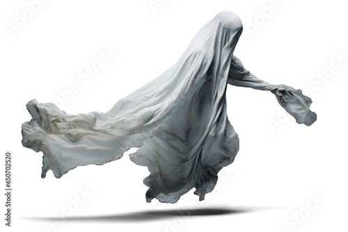 flying halloween ghost in a white sheet, png file of isolated cutout object with shadow on transparent background.
