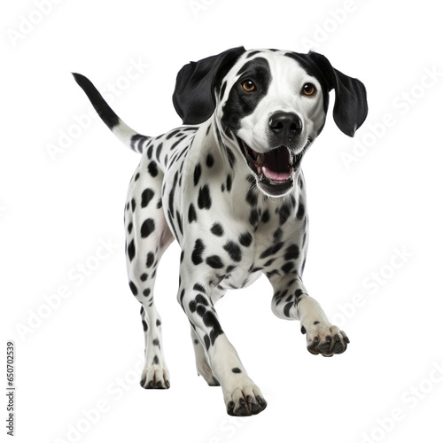Happpy Dalmatian dog running  front view isolated on white background