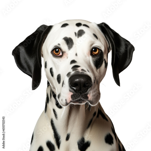 Portrait of Dalmatian dog looking at camera  front view isolated on white background
