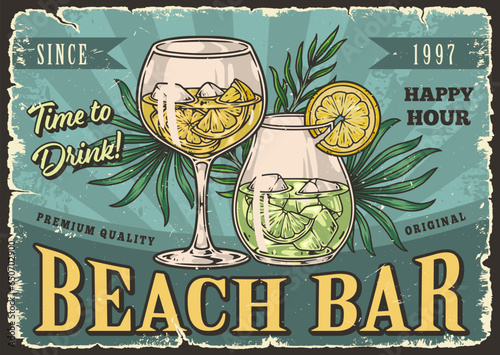 Beach bar colorful vintage poster