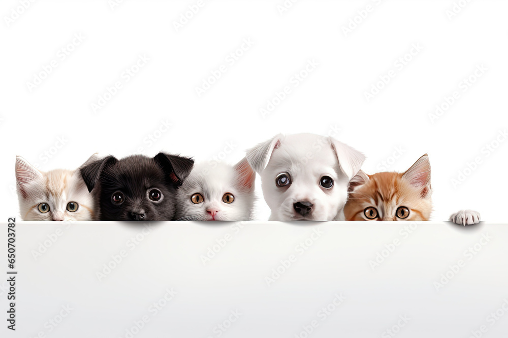 A row of kittens and puppies peek out behind a white banner on a white background. Advertising poster layout for a pet store or veterinary clinic. A row of kittens and puppies peek out behind a white banner on a white background. Advertising poster layout for a pet store or veterinary clinic.