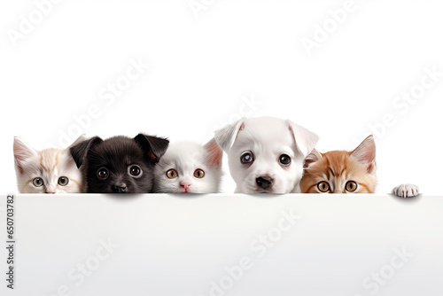 A row of kittens and puppies peek out behind a white banner on a white background. Advertising poster layout for a pet store or veterinary clinic.