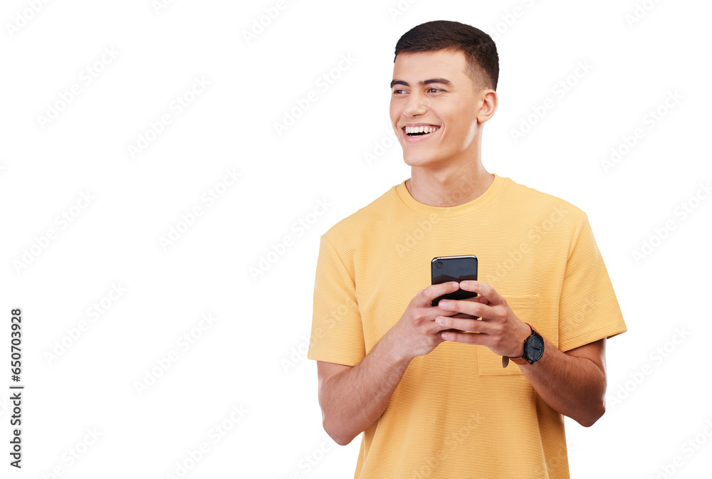 Happy man, phone and thinking in social media or communication isolated on a transparent PNG background. Male person smile, typing or online texting, chatting or networking on mobile smartphone app
