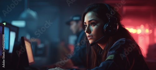 call center women working and providing service with courtesy and attention front of laptop with lens flare and bokeh in office with soft dark tone