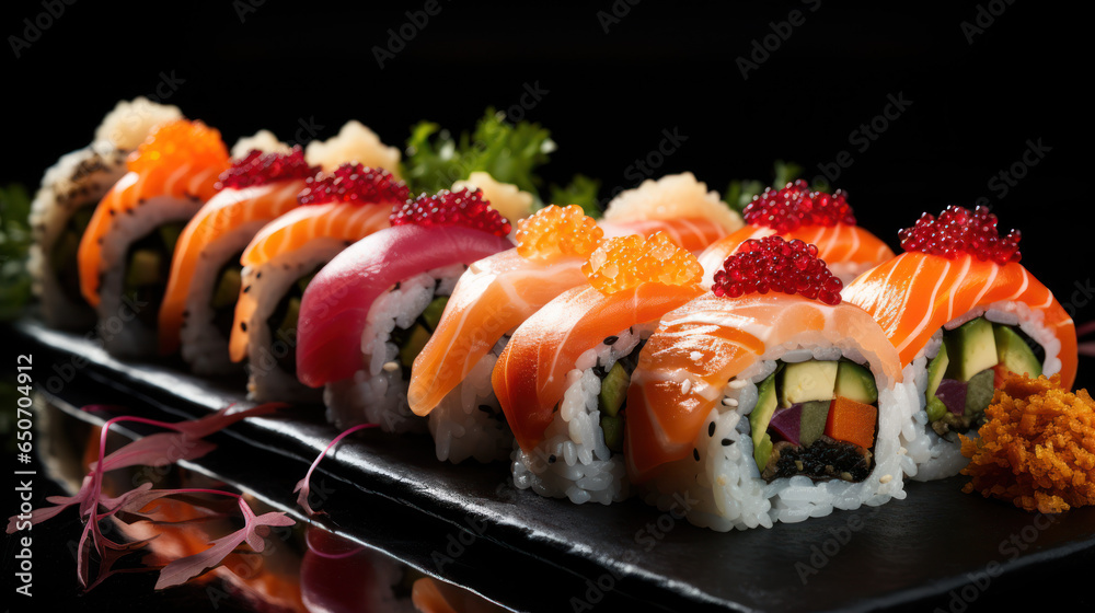 Luxury sushi set covered with slices of salmon and tuna, red and black caviar. Sushi restaurant ad. Luxury sushi set covered with slices of salmon and tuna, red and black caviar. Sushi restaurant ad.
