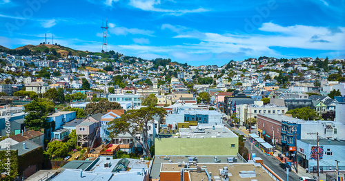 Bright summer day aerial with blue sky and clouds over sunny Castro District in San Francisco