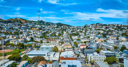 Photography Aerial over Castro District in San Francisco city on bright summer day with blue