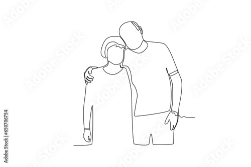 Single continuous line drawing a pair of grandparents posing for a photo
